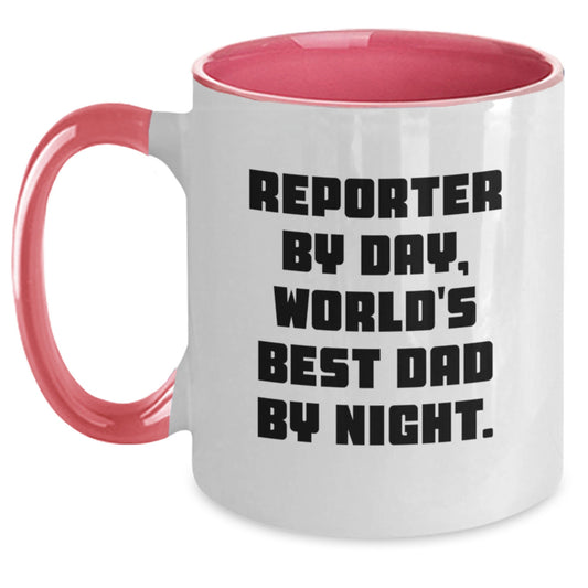 Reporter Gifts for Men, Funny Two Tone Coffee Mug, 'Reporter By Day, World's Best Dad By Night', Christmas Unique Gifts from Dad to Son - Main