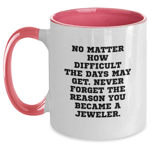Jeweler Gifts from Friends - Inspirational Two Tone Coffee Mugs for Birthday, 'No Matter How Difficult The Days May Get. Never Forget The Reason You Became A Jeweler.', Gifts for Jeweler - Main