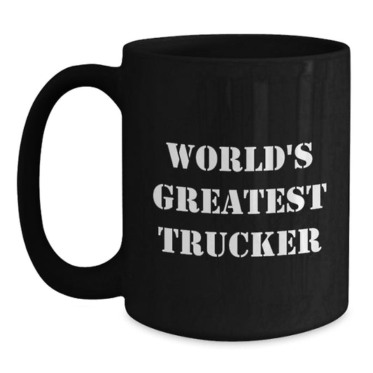 Funny Trucker Gifts from Friends - World's Greatest Trucker Black Coffee Mug, Unique Birthday Presents for Trucker Man, 11oz/15oz Ceramic Mug - Main