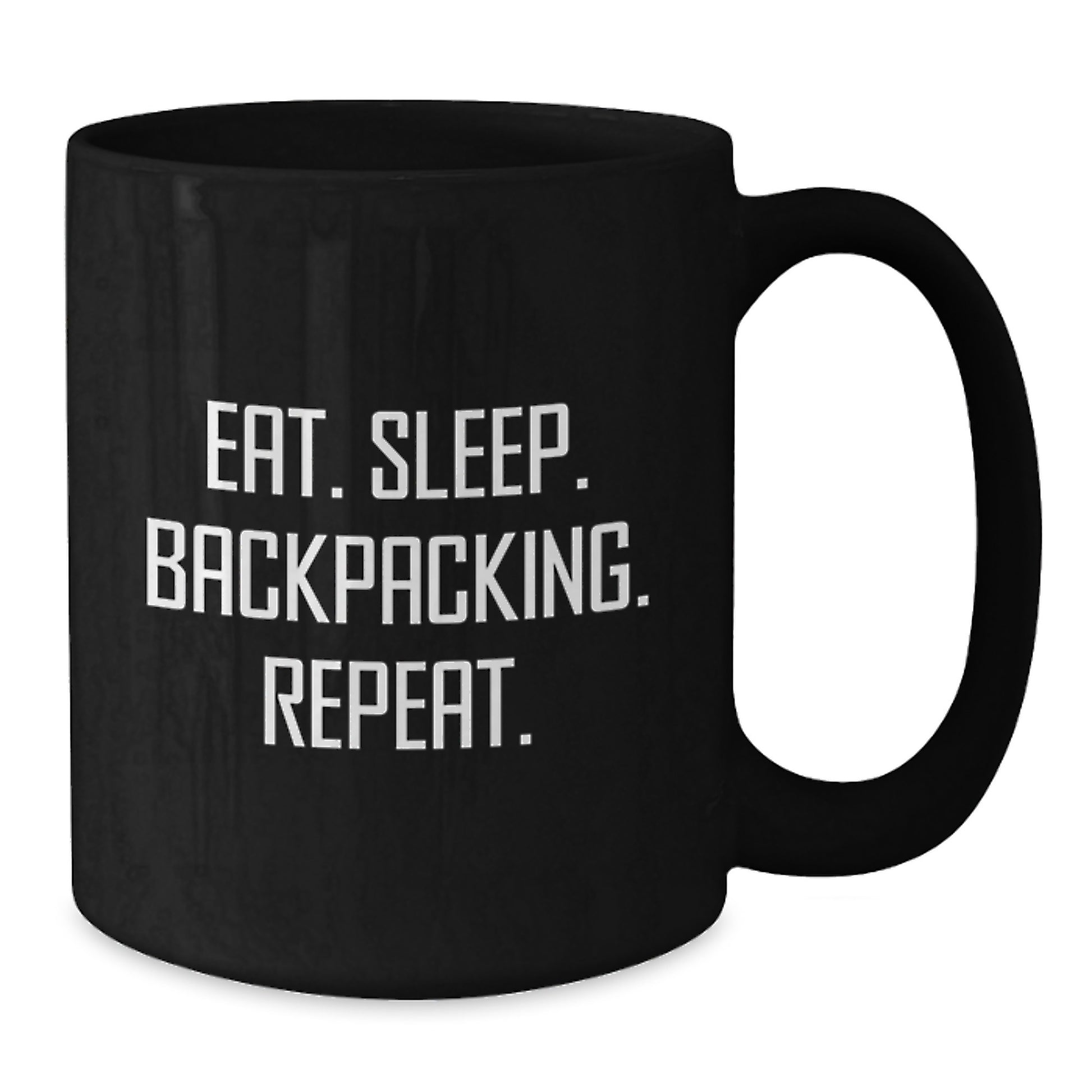 Backpacking Humor Gifts for Men Friends - 'Eat. Sleep. Backpacking. Repeat.' Funny Black Coffee Mug, Birthday Unique Gifts from Friends to Backpackers - Additional