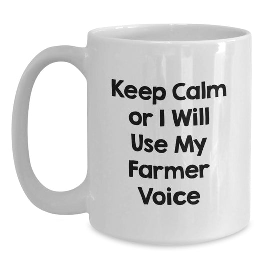 Christmas Unique Gifts for Men Farmer Lover - Funny White Coffee Mug, 'Keep Calm Or I Will Use My Farmer Voice' - Gifts from Friends to Family - Main