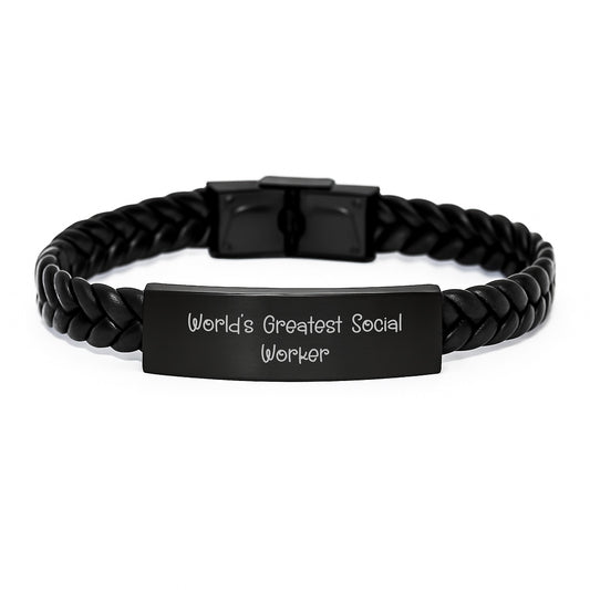 Funny Social Worker Gifts from Friends for Men - 'World's Greatest Social Worker' Interlaced Leather Bracelet, Christmas Unique Gifts - Image 1