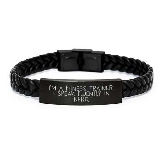 Funny Gift for Fitness Trainer Men Women, Unique Interlaced Leather Bracelet with Engraved Stainless Steel, genius Quote, Christmas Unique Gifts from Friends, Family, Coworkers, for Fitness Trainer - Image 1