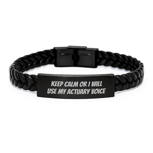 Funny Actuary Gifts for Dad, Keep Calm Interlaced Leather Bracelet, Unique Father's Day Unique Gifts from Men to Actuary Husband - Image 1