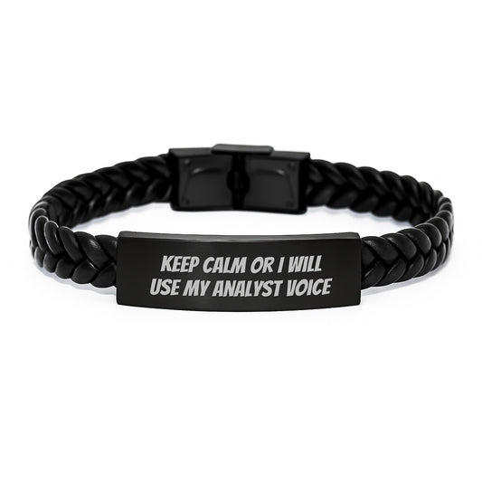 Funny Analyst Gifts for Men, Interlaced Leather Bracelet with Quote - Keep Calm Or I Will Use My Analyst Voice, Stainless Steel PU Leather Cufflink for Christmas Unique Gifts from Friends - Image 1