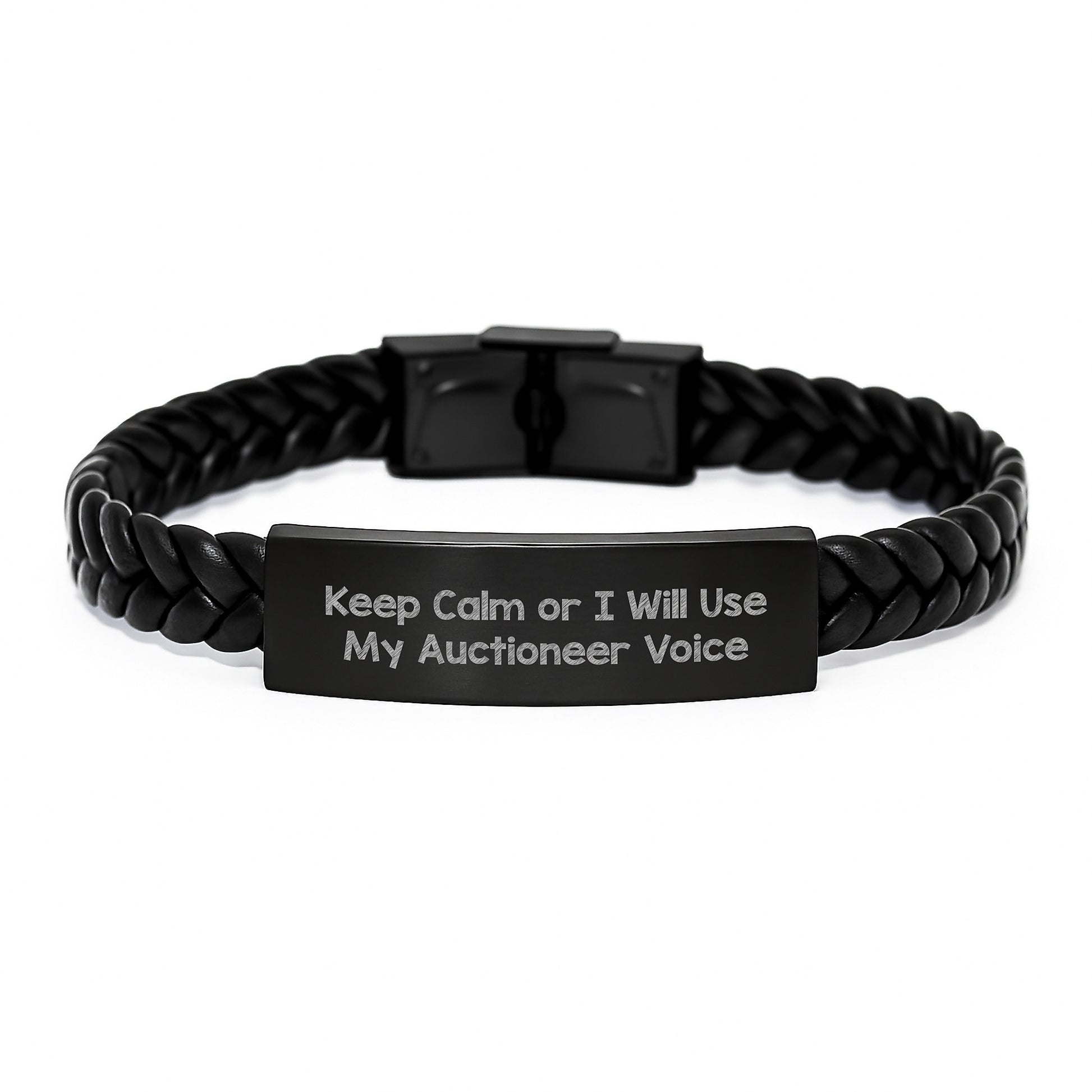 Funny Auctioneer Gifts for Men - Keep Calm Or I Will Use My Auctioneer Voice Interlaced Leather Bracelet, Stainless Steel and PU Leather Gift for Auctioneer Friends and Family during Christmas - Image 1