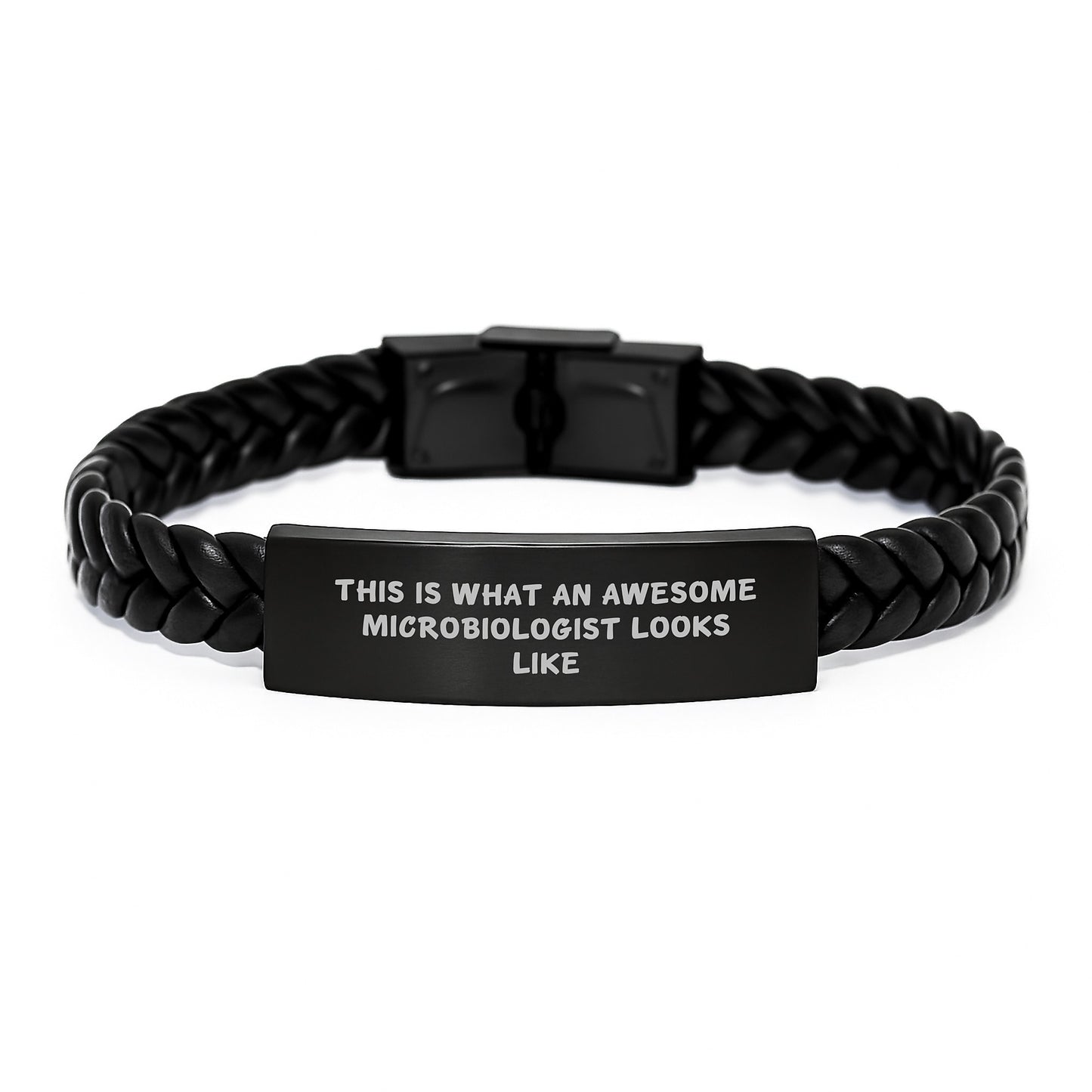 Funny Microbiologist Gifts for Graduation, Interlaced Leather Bracelet with Stainless Steel Engraving, Gifts from Family to Microbiologist, This Is What An Awesome Microbiologist Looks Like Symbolic - Image 1