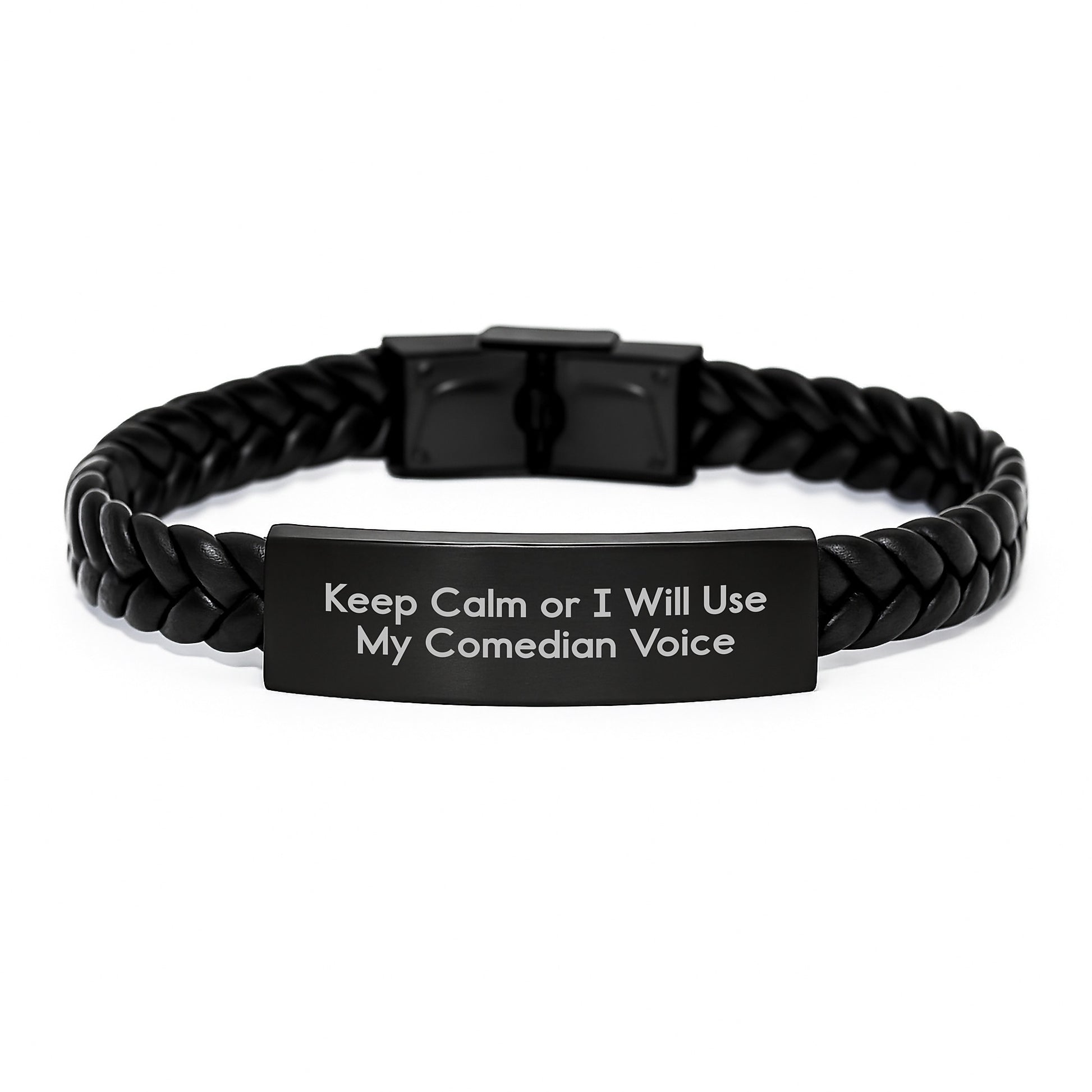 Comedian Gifts for Men - Funny Interlaced Leather Bracelet with Engraved Stainless Steel - 'Keep Calm Or I Will Use My Comedian Voice' Graduation Unique Gifts from Friends - Image 1