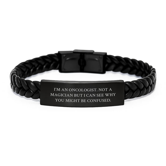 Christmas Unique Gifts for Oncologist Men, Funny Quote Interlaced Leather Bracelet, Gifts from Friends to Oncologist - Image 1