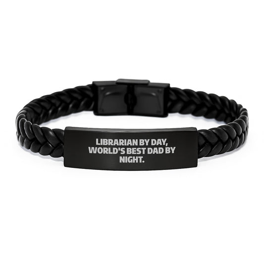 Librarian Gifts from Dad - Funny Interlaced Leather Bracelet, Birthday Unique Presents for Librarian, 'Librarian By Day, World's Best Dad By Night.' - Image 1