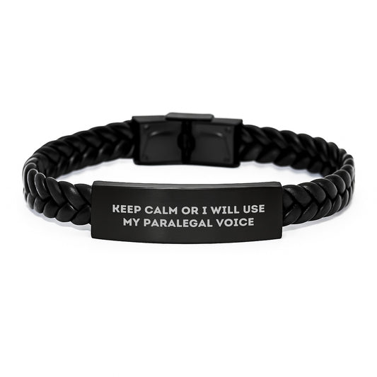 Paralegal Inspired Interlaced Leather Bracelet Gifts from Friends for Paralegal Men, Funny Quote 'Keep Calm Or I Will Use My Paralegal Voice' Christmas Unique Gifts - Image 1