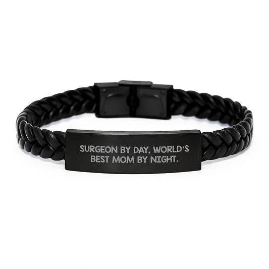 Surgeon Gifts from Men, Unique Christmas Unique Gifts for Surgeon Mom by Day, World's Best Mom by Night, Interlaced Leather Bracelet for Men - Image 1