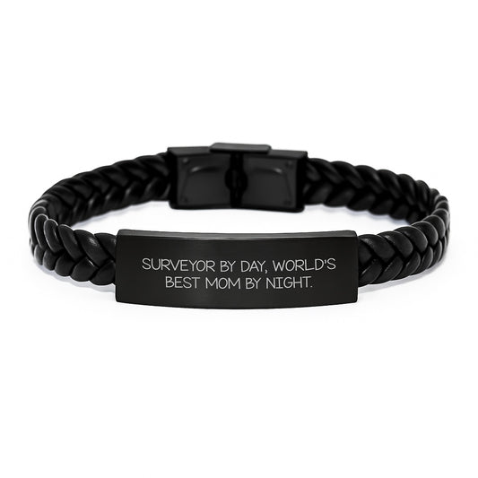 Surveyor Gifts, Leather Interlaced Bracelet for Men, Funny Quote 'Surveyor By Day, World's Best Mom By Night.', Gifts for Surveyor, Christmas Unique Gifts from Mom - Image 1