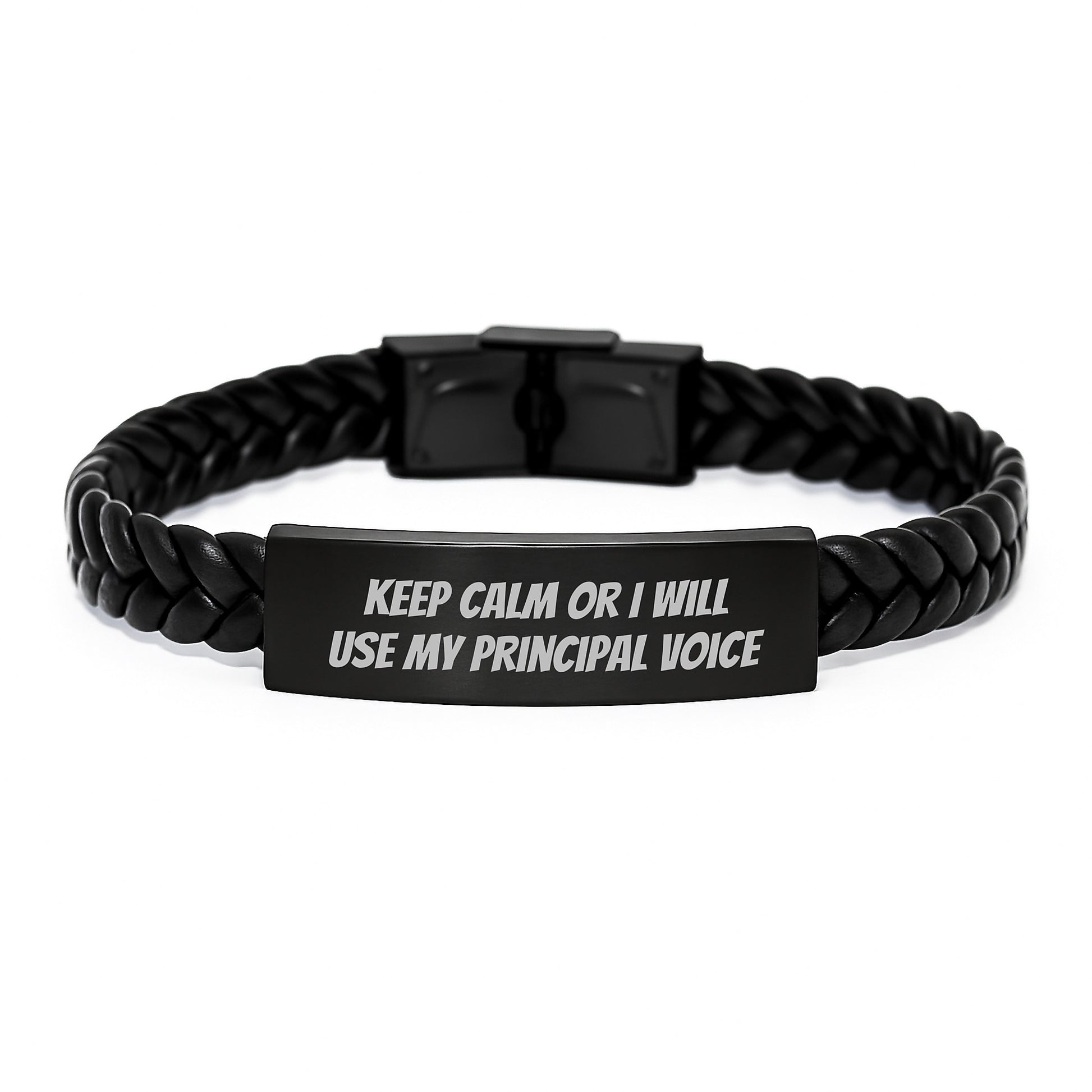 Christmas Unique Gifts for Principal Men, Keep Calm Or I Will Use My Principal Voice Interlaced Leather Bracelet, Funny Principal Gifts for Dad - Image 1