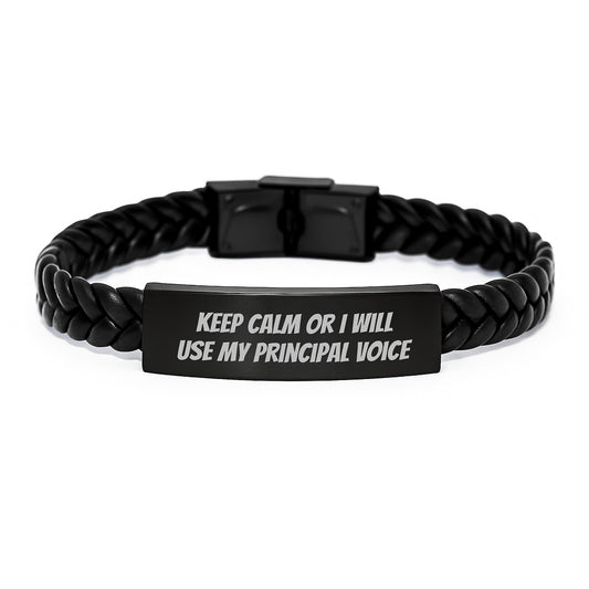 Christmas Unique Gifts for Principal Men, Keep Calm Or I Will Use My Principal Voice Interlaced Leather Bracelet, Funny Principal Gifts for Dad - Image 1