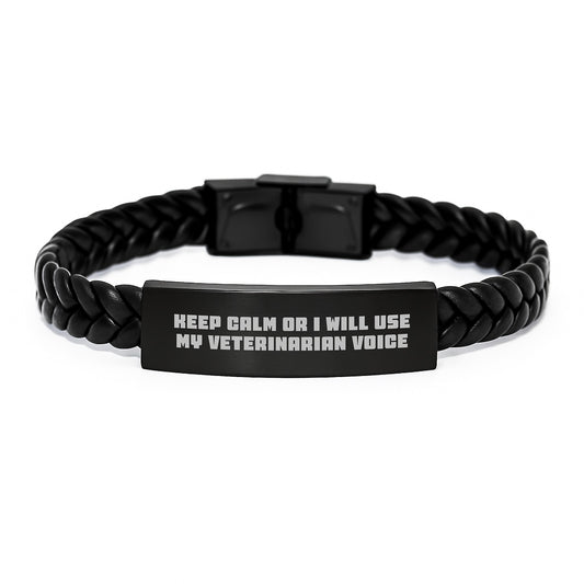 Funny Veterinary Gifts for Men Women Friends Coworkers - 'Keep Calm Or I Will Use My Veterinarian Voice' Interlaced Leather Bracelet, Christmas Unique Jewelry - Image 1