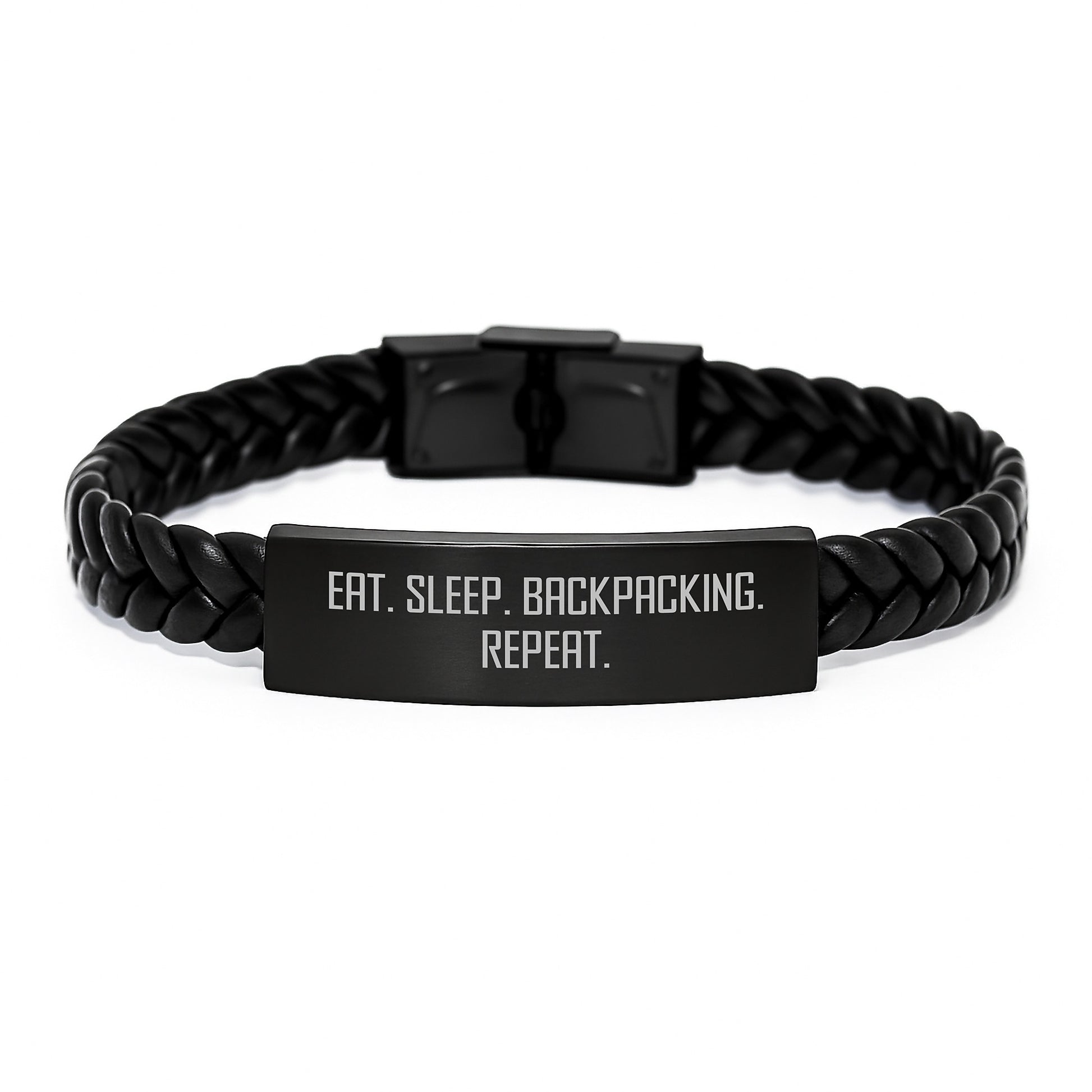 Backpacking Adventures Inspired Interlaced Leather Bracelet for Friends, Birthday Unique Gifts from Men, Women, Family - Eat. Sleep. Backpacking. Repeat. - Image 1