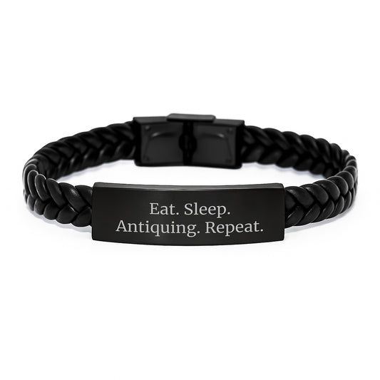 Funny Antiquing Gifts from Friends for Men - Eat. Sleep. Antiquing. Repeat. Interlaced Leather Birthday Unique Finds - Image 1