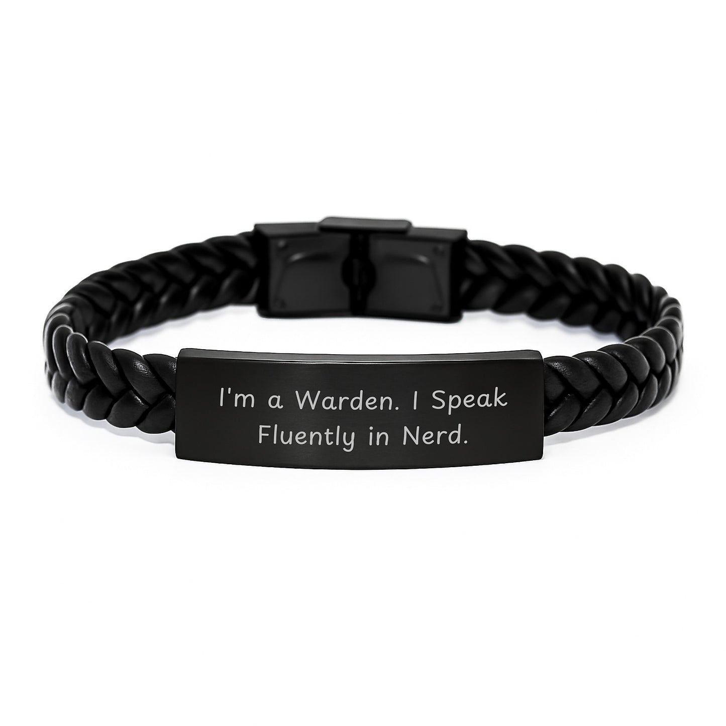 Funny Warden Gifts Interlaced Leather Bracelet for Men, Women, Friends, Coworkers, Family, 'I'm A Warden. I Speak Fluently In genius.' - Image 1