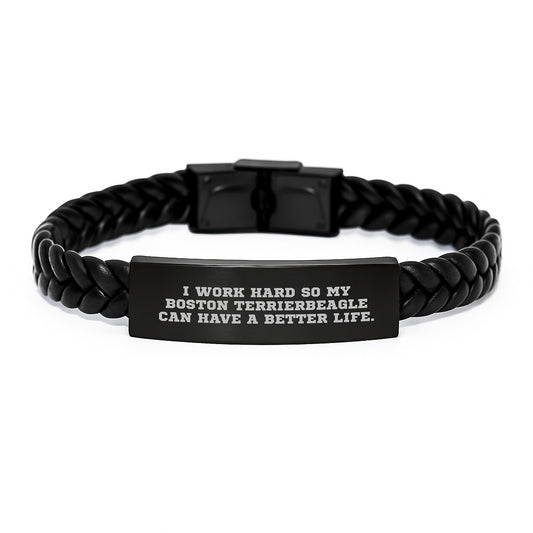 Funny Boston Terrier Dog Gifts for Men with Interlaced Leather Bracelet, Birthday Unique Presents for Him from Family to Sweetheart - Image 1