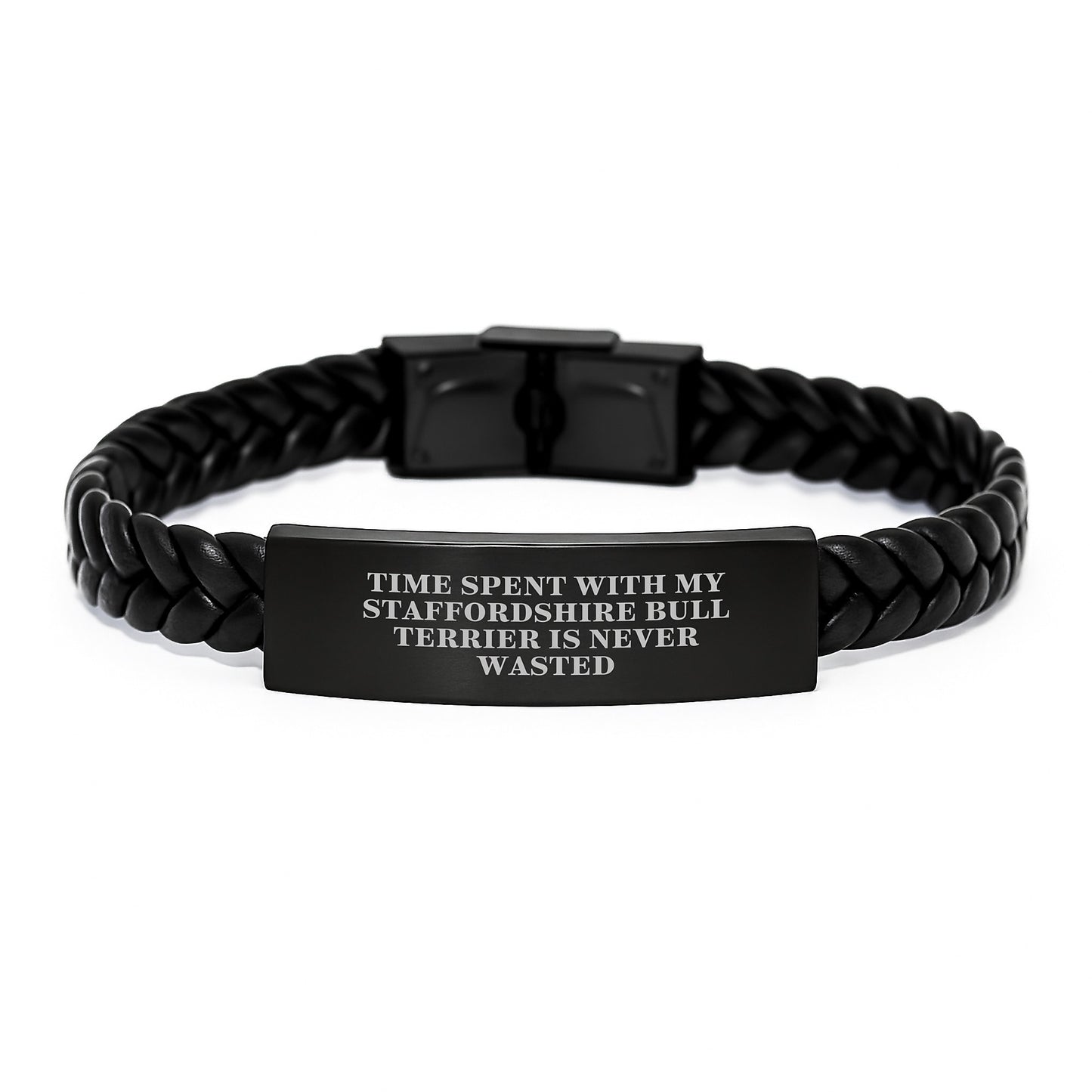 Staffordshire Bull Terrier Dog Lover Gift, Time Spent Is Never Wasted, Birthday Unique Gifts for Men, Women, Family from Friends, Interlaced Leather Bracelet - Image 1