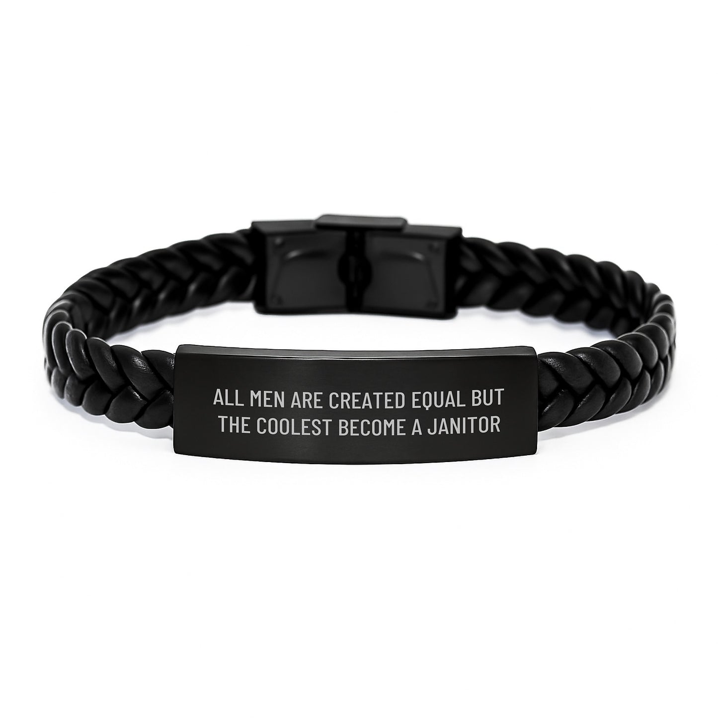 Funny Janitor Gifts from Men - 'All Men Are Created Equal But The Coolest Become A Janitor' Interlaced Leather Bracelet for Janitor Fathers Day Unique Gifts - Image 1