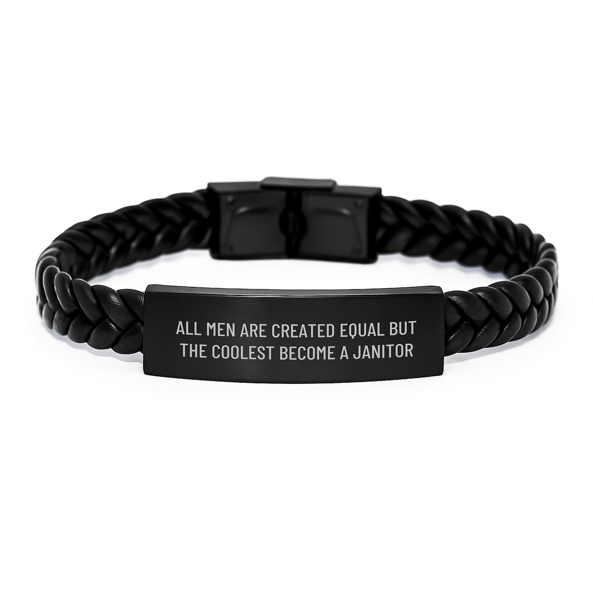 Funny Janitor Gifts from Men - 'All Men Are Created Equal But The Coolest Become A Janitor' Interlaced Leather Bracelet for Janitor Fathers Day Unique Gifts - Image 1
