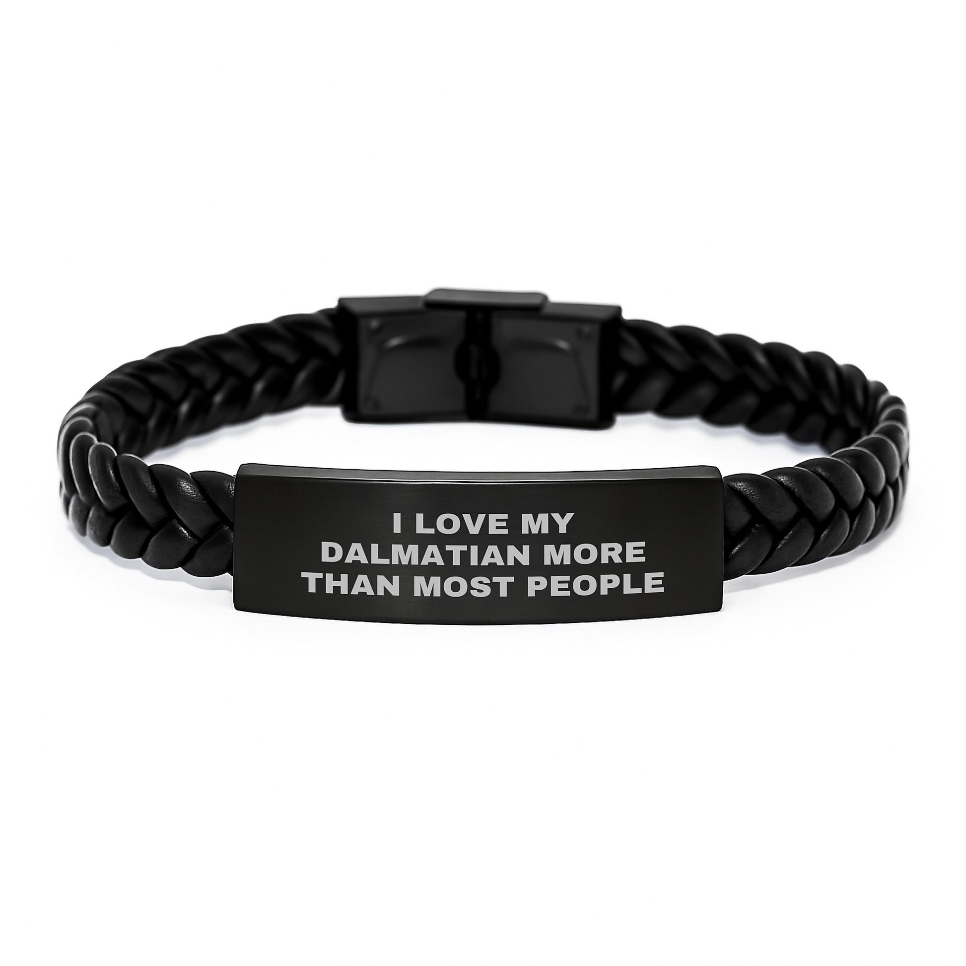 Dalmatian Dog Lover's Unique Interlaced Leather Bracelet, Funny Quote 'I Love My Dalmatian More Than Most People', Gifts for Dalmation Dog Owners, Valentine's Unique Gifts from Friends or Family - Image 1