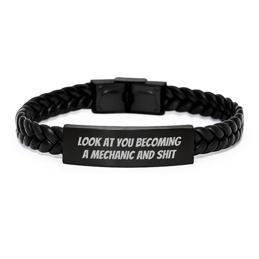 Funny Mechanic Gifts for Him, Look At You Becoming A Mechanic And Shit Interlaced Leather Bracelet, Stainless Steel and PU Leather, Graduation Unique Gifts from Men to Friends - Image 1