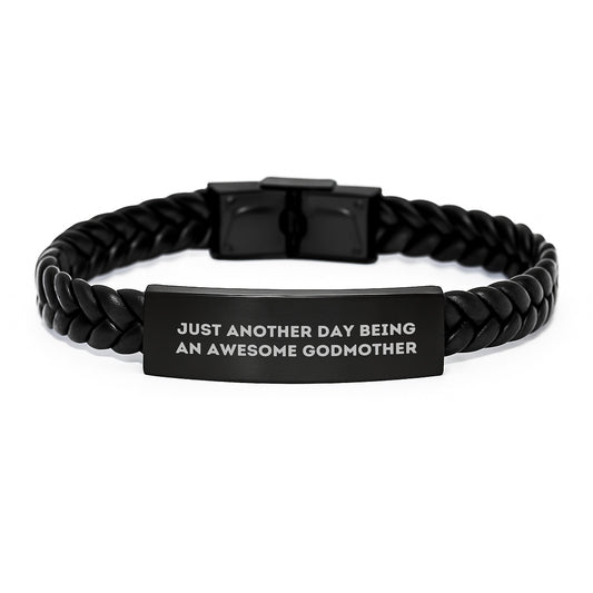 Gifts for Awesome Godmother, Unique Birthday Unique Gifts from Family, Interlaced Leather Bracelet with Stainless Steel and PU Leather, Funny Quote 'Just Another Day Being An Awesome Godmother' - Image 1