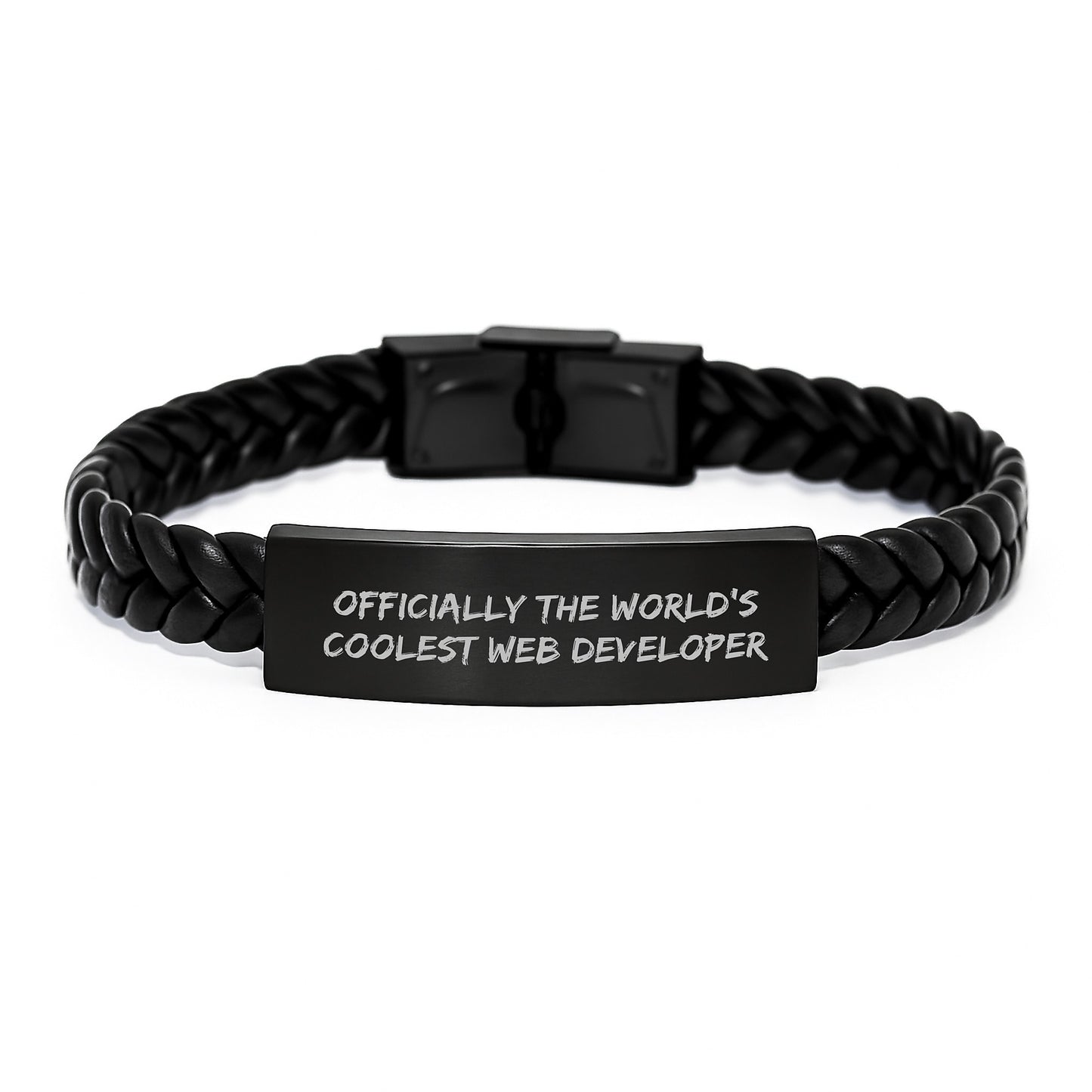 Gifts for Web Developers, 'Officially The World's Coolest Web Developer' Quote Interlaced Leather Bracelet for Men, Christmas Unique Gifts from Friends to Family - Image 1