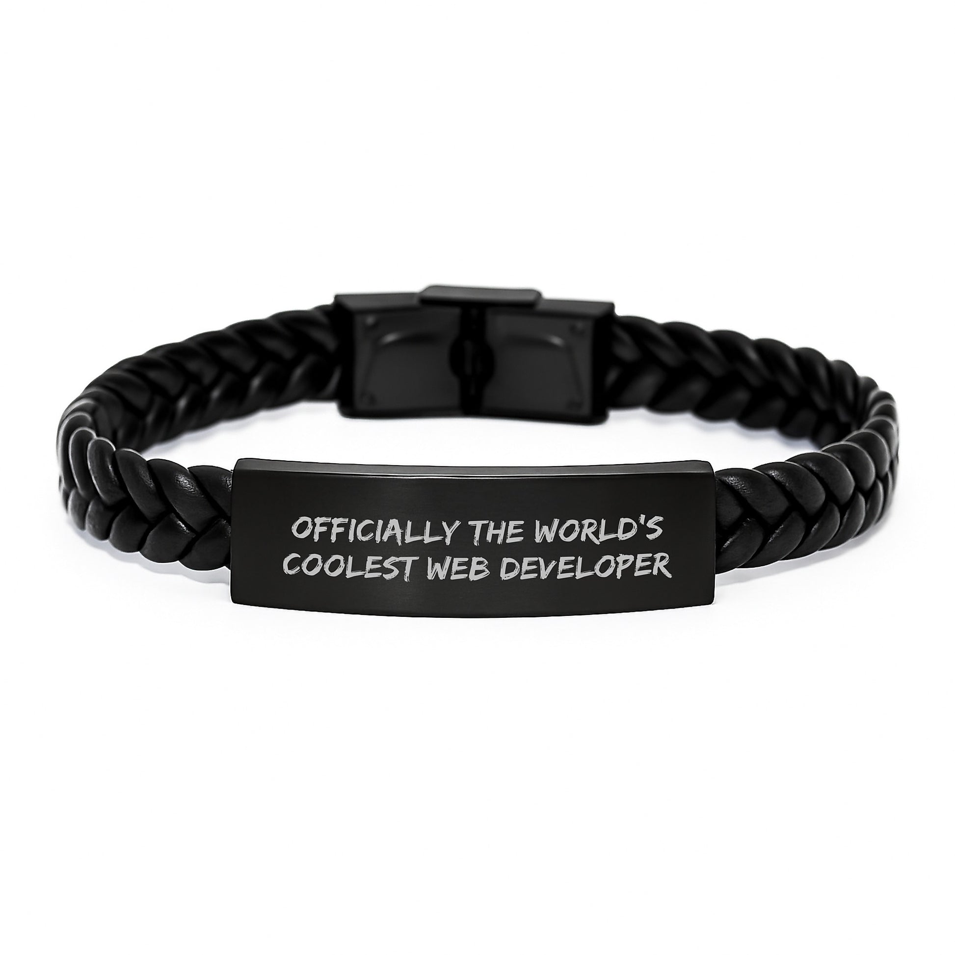 Gifts for Web Developers, 'Officially The World's Coolest Web Developer' Quote Interlaced Leather Bracelet for Men, Christmas Unique Gifts from Friends to Family - Image 1