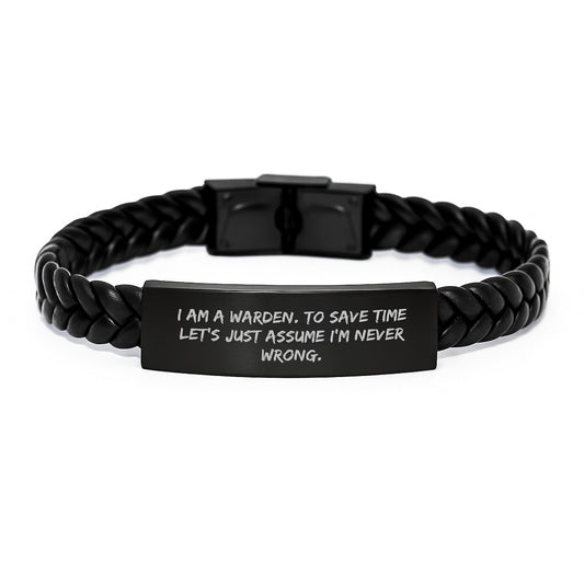 Warden Gifts, Funny Quote Interlaced Leather Bracelet, Gifts from Friends for Warden, Birthday Unique Presents - Image 1