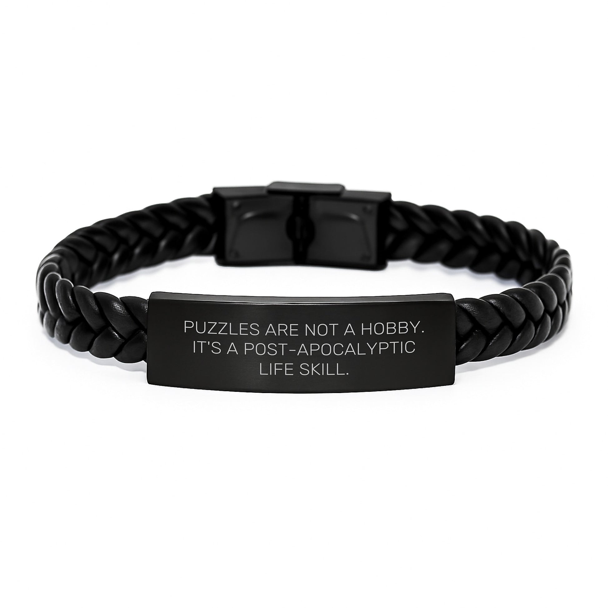 'Puzzles for Men Birthday Unique Gifts' - Funny Interlaced Leather Bracelet with Quote 'Puzzles Are Not A Hobby. It's A Post-apocalyptic Life Skill.' - Gift from Friends, Coworkers, Family - Image 1