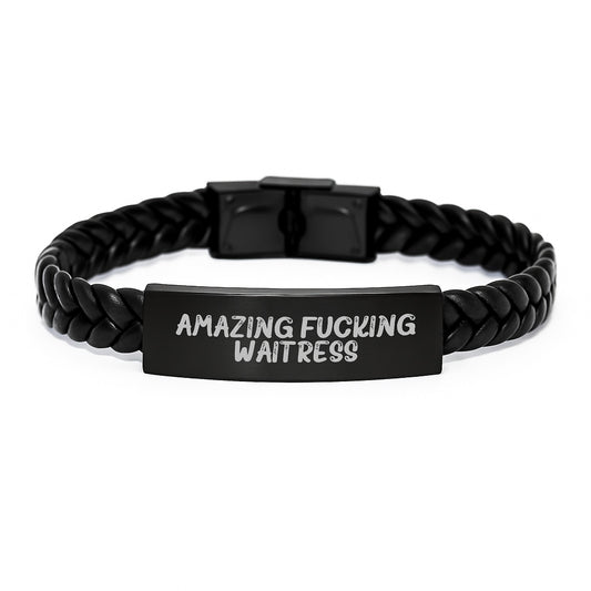 Waitress Christmas Unique Gifts from Friends, Funny Quote Interlaced Leather Bracelet for Waitress, Unique Christmas Unique Gifts for Men Women Friends Family - Image 1