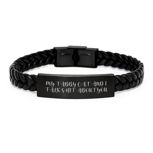 Funny Tabby Cat Gifts for Mom, Interlaced Leather Bracelet with 'My Tabby Cat And I Talk Shit About You' Quote, Unique Mother's Day Presents from Family - Image 1
