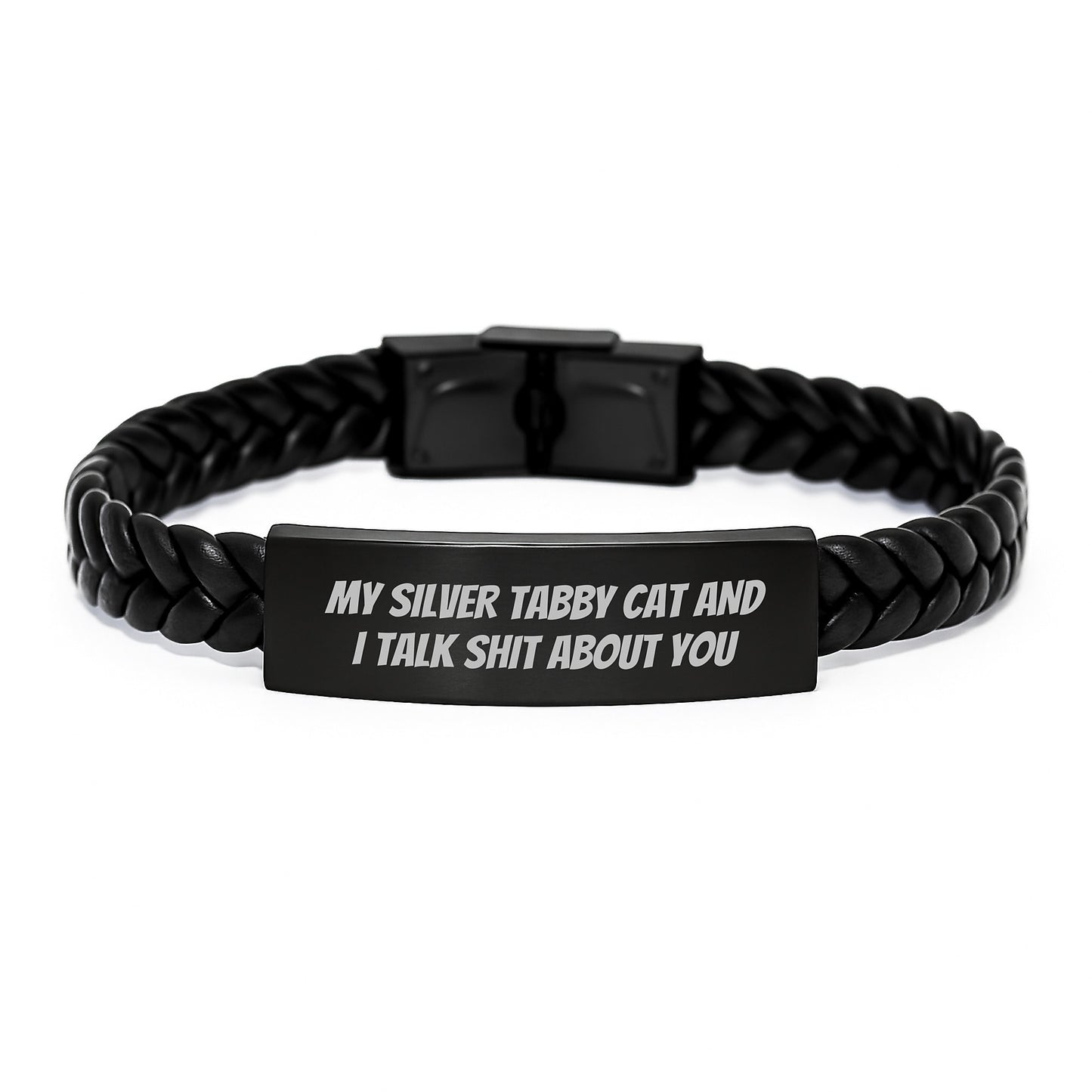 Funny Silver Tabby Cat Interlaced Leather Bracelet, Gifts from Friends to Silver Tabby Cat Lover, Graduation Unique Gifts for Men - Image 1