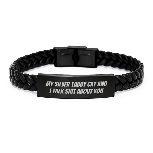 Funny Silver Tabby Cat Interlaced Leather Bracelet, Gifts from Friends to Silver Tabby Cat Lover, Graduation Unique Gifts for Men - Image 1