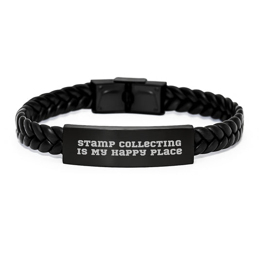 Stamp Collecting Gifts for Men - 'Stamp Collecting Is My Happy Place' Interlaced Leather Bracelet for Husband, Sweetheart, or Stamp Collector - Valentine's Unique Gifts from Sweetheart - Image 1