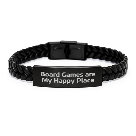 Funny Board Games Gifts for Men, Women, Friends, Coworkers, Family - Interlaced Leather Bracelet with Stainless Steel Engraving - Board Games Are My Happy Place - Image 1