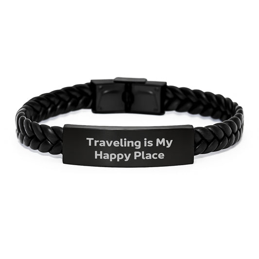 Funny Traveling Is My Happy Place Birthday Unique Gifts from Friends to Traveling Enthusiasts Interlaced Leather Bracelet - Image 1