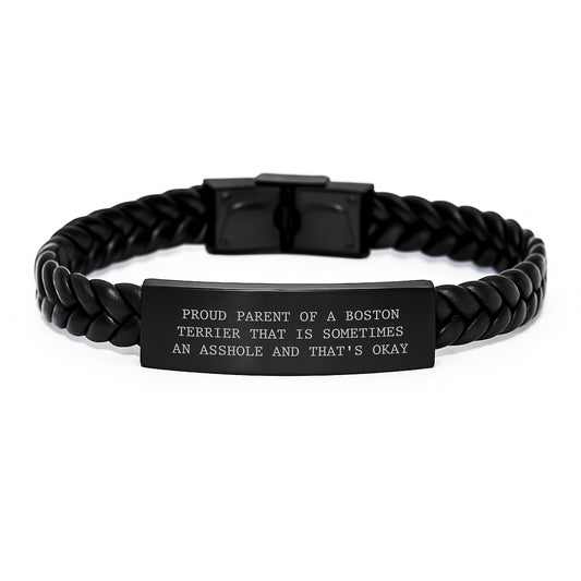 Funny Boston Terrier Dog Birthday Unique Gifts from Friends - Interlaced Leather Bracelet for Men - Proud Parent Gifts for Boston Terrier Dog - Image 1