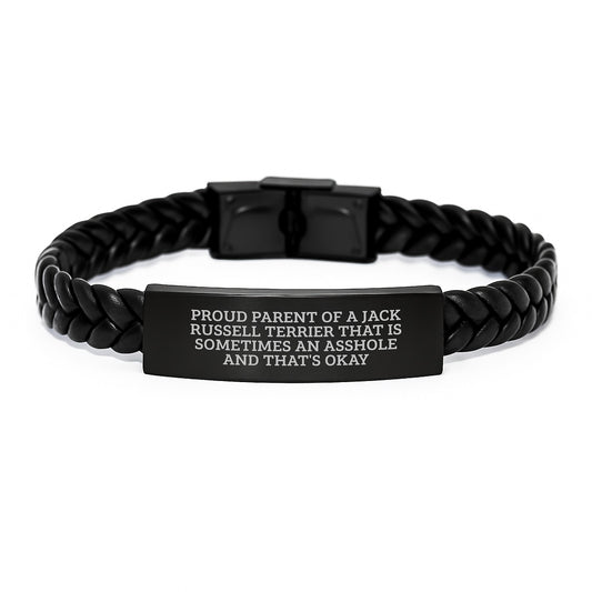 Funny Jack Russell Terrier Dog Gifts for Proud Parents, Graduation Unique Gifts from Men, Women, Friends, Coworkers to Family Members - Interlaced Leather Bracelet with Engraved Stainless Steel - Image 1