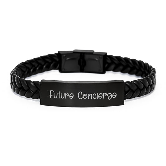 Funny Concierge Gifts from Friends, Unique Interlaced Leather Bracelet for Men, Future Concierge Quote - Image 1
