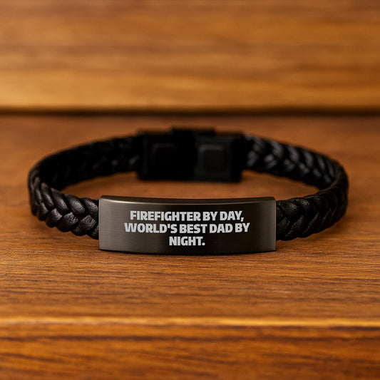 Funny Firefighter Gifts, Interlaced Leather Bracelet for Men, Birthday Unique Gifts from Family - Firefighter By Day, World's Best Dad By Night. - Image 2