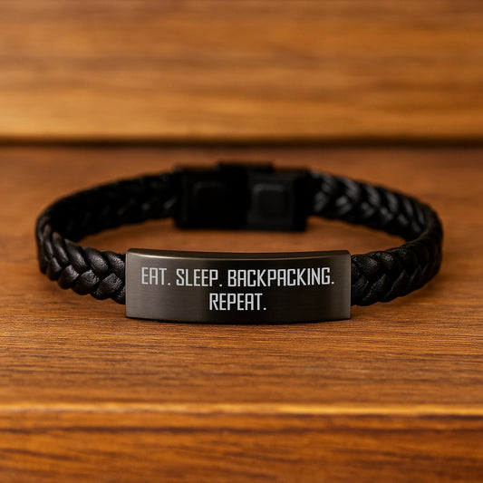 Backpacking Adventures Inspired Interlaced Leather Bracelet for Friends, Birthday Unique Gifts from Men, Women, Family - Eat. Sleep. Backpacking. Repeat. - Image 2