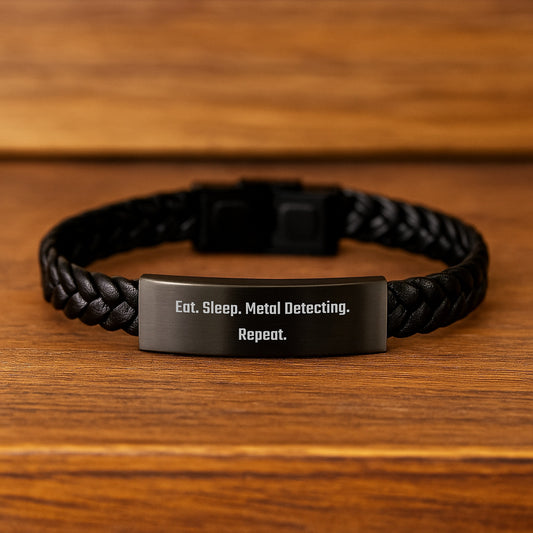 Metal Detecting Enthusiast Gifts from Friends for Birthday Unique Interlaced Leather Bracelet - 'Eat. Sleep. Metal Detecting. Repeat.' - Image 2