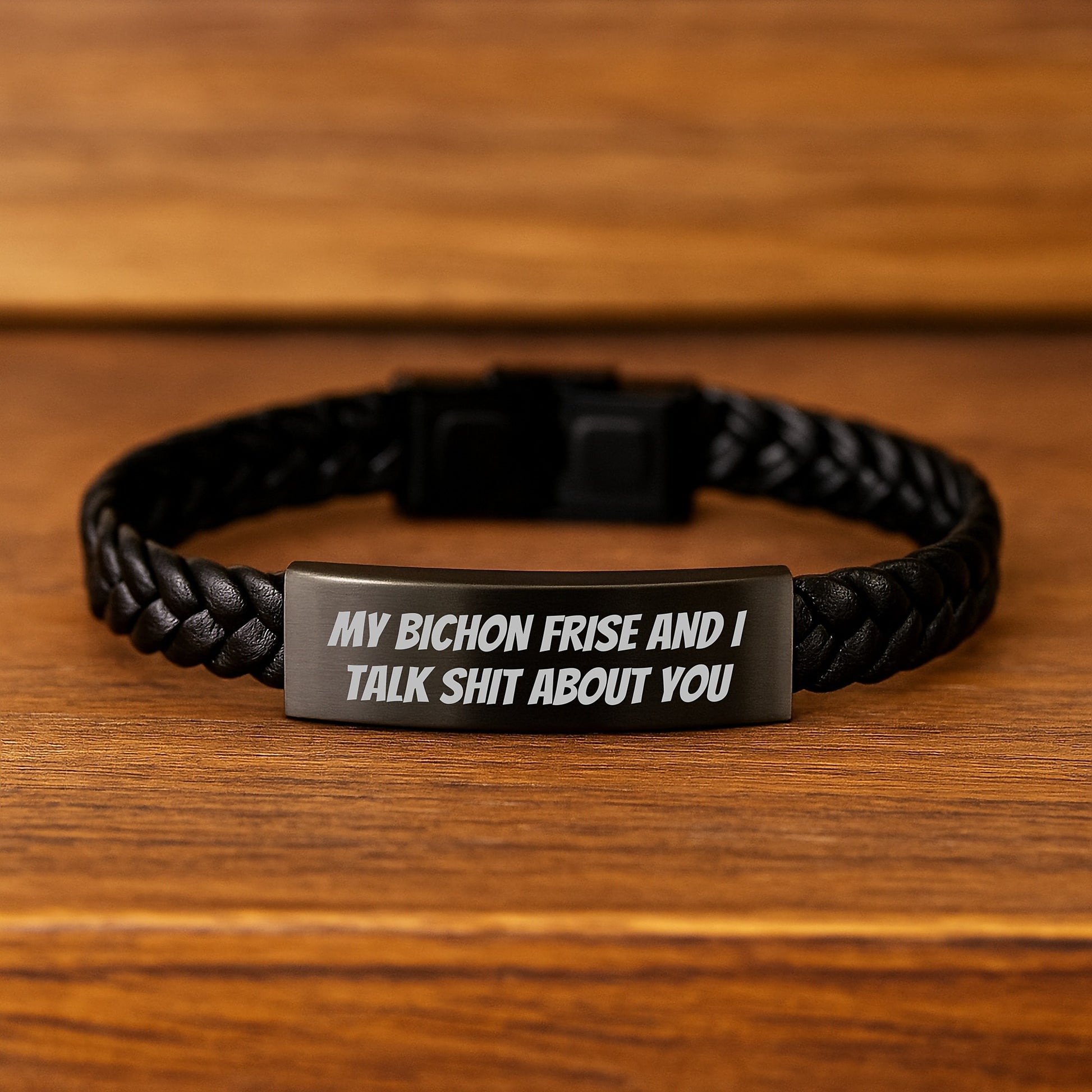 Funny Bichon Frise Dog Gifts for Men Friends from - Interlaced Leather Bracelet with 'My Bichon Frise And I Talk Shit About You' - Image 2