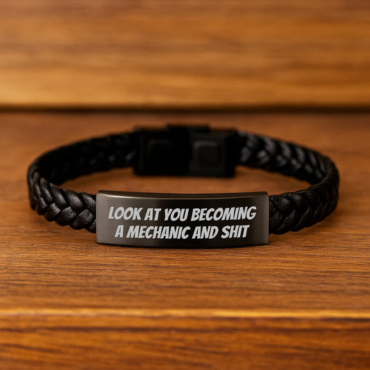Funny Mechanic Gifts for Him, Look At You Becoming A Mechanic And Shit Interlaced Leather Bracelet, Stainless Steel and PU Leather, Graduation Unique Gifts from Men to Friends - Image 2