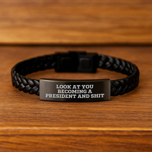 Funny President Interlaced Leather Bracelet Gifts for Men - President Engraved Leather Band - A Humorous Graduation Unique Gift from Friends - Image 2